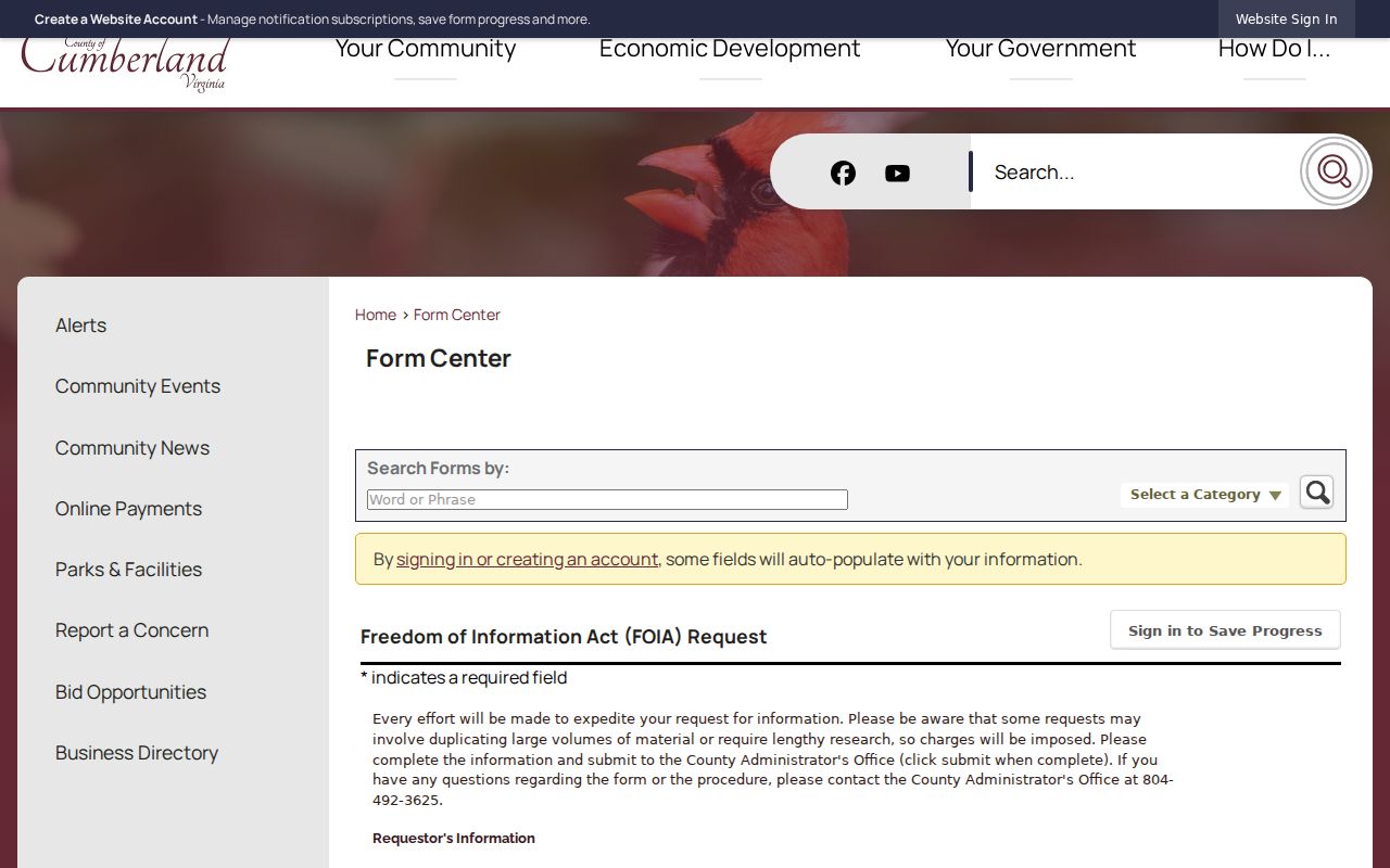 Cumberland County warrant records reference showing the blank official FOIA request form