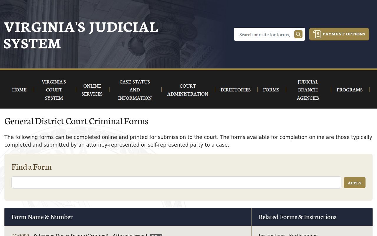 Cumberland County bench warrant reference to Virginia criminal court forms