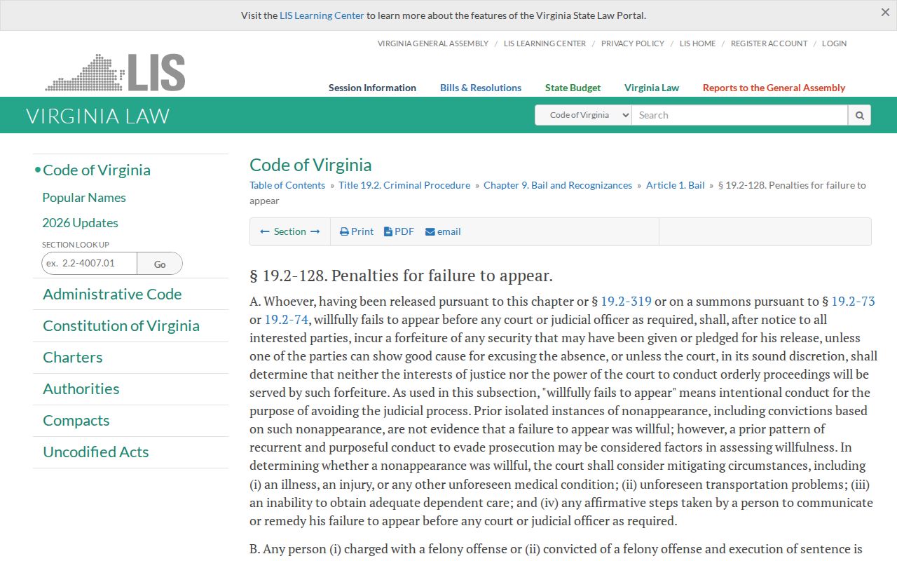 Cumberland County bench warrant reference to Virginia failure-to-appear classifications