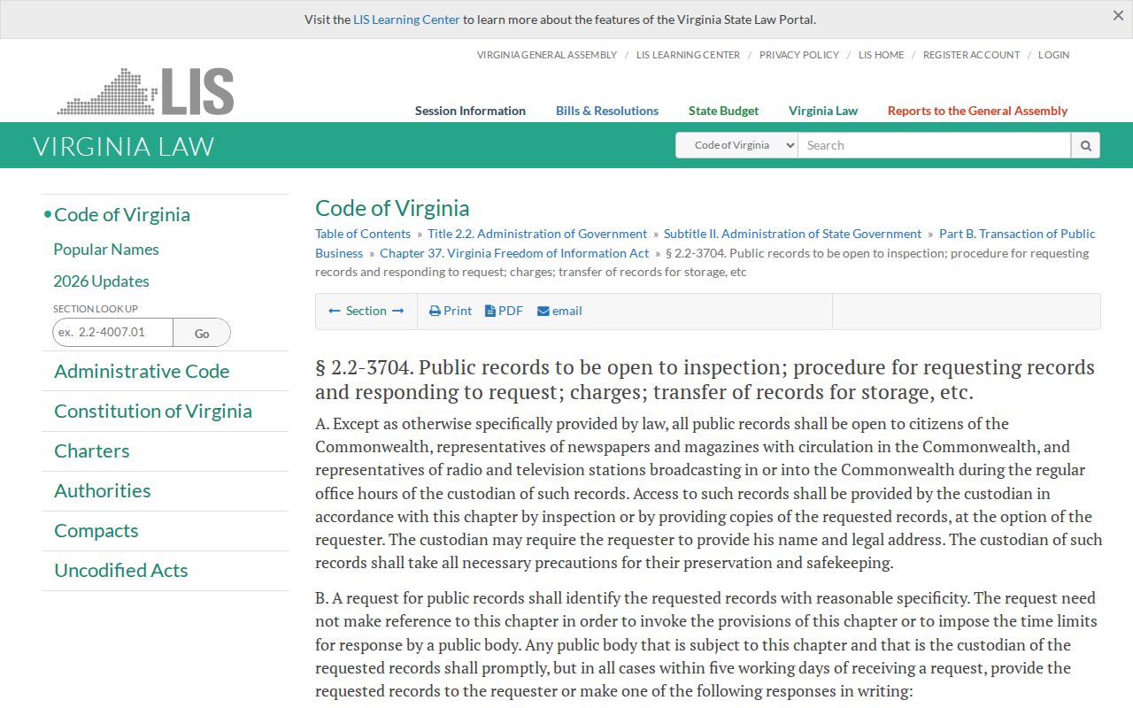 Cumberland County warrant records reference to Virginia FOIA response and cost rules