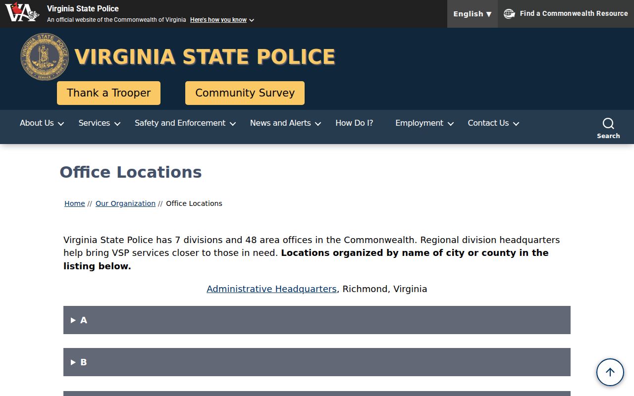 Cumberland County traffic warrant reference for Virginia State Police area office routing