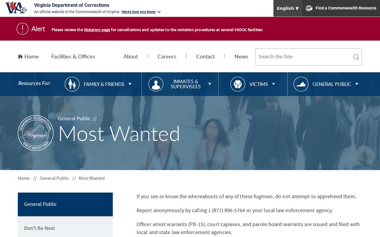 Cumberland County most wanted reference showing Virginia DOC program information without a roster entry