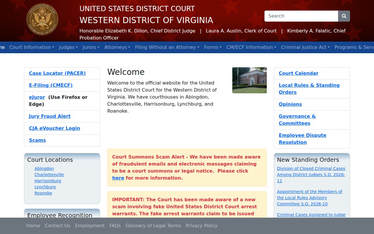Cumberland County most wanted reference showing the separate Western District of Virginia federal route