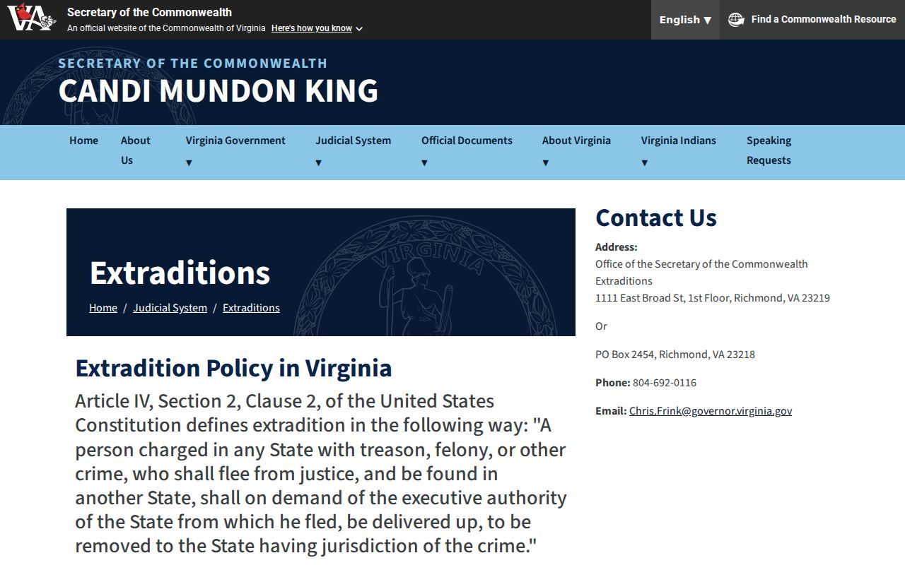 Cumberland County most wanted reference to Virginia Governor's Warrant and extradition process