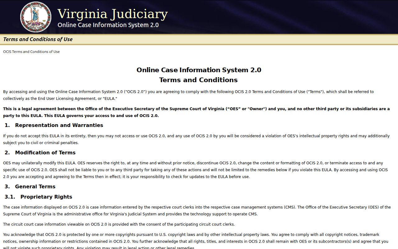 Cumberland County warrant search reference showing Virginia OCIS search modes